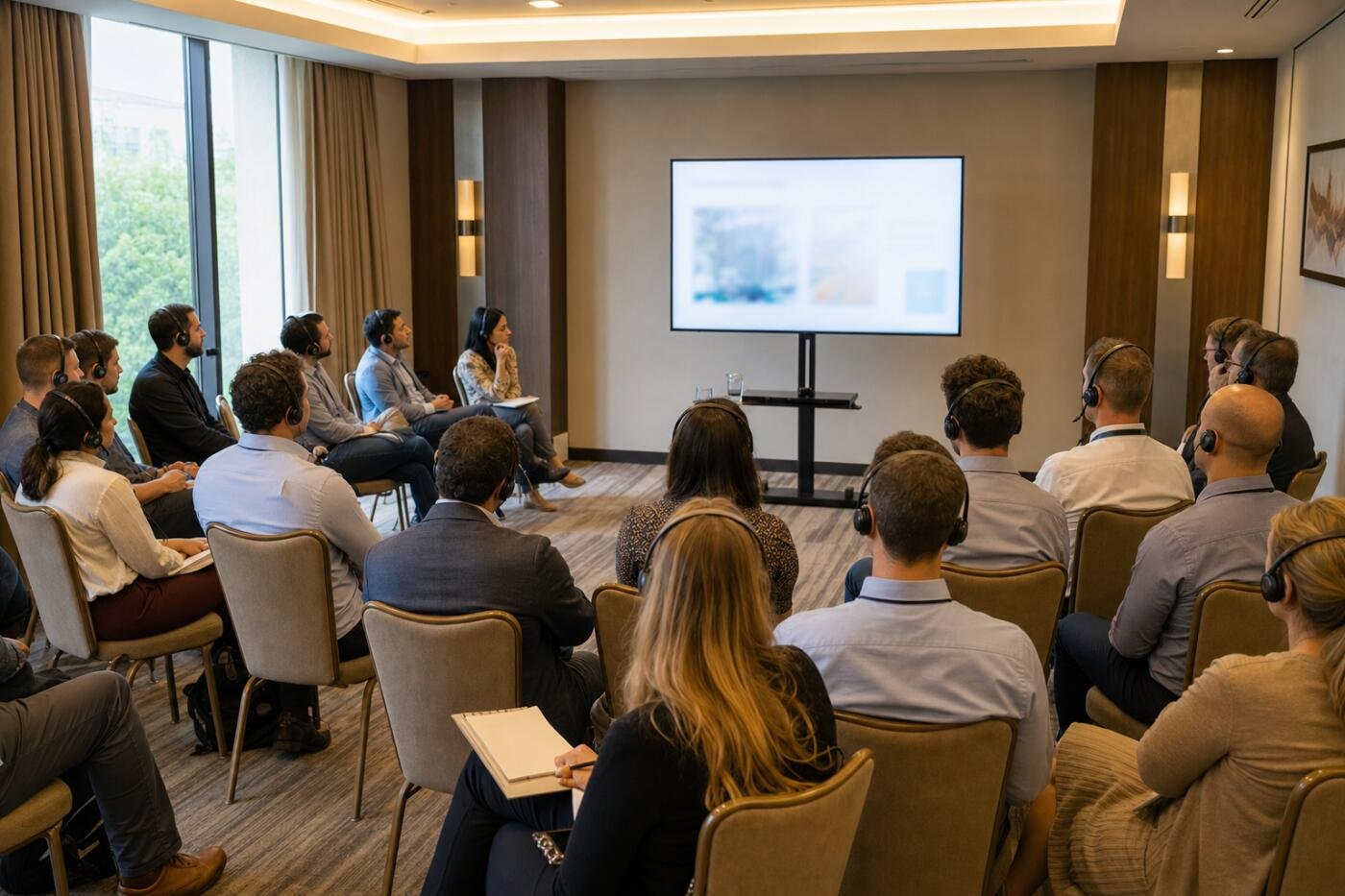Small breakout session where attendees wear wireless headsets facing a TV on a stand