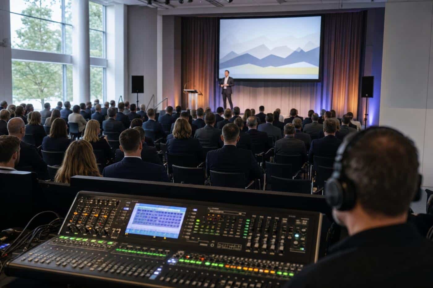 Keynote general session with a large screen on stage and an audio mixing console at the back of the room