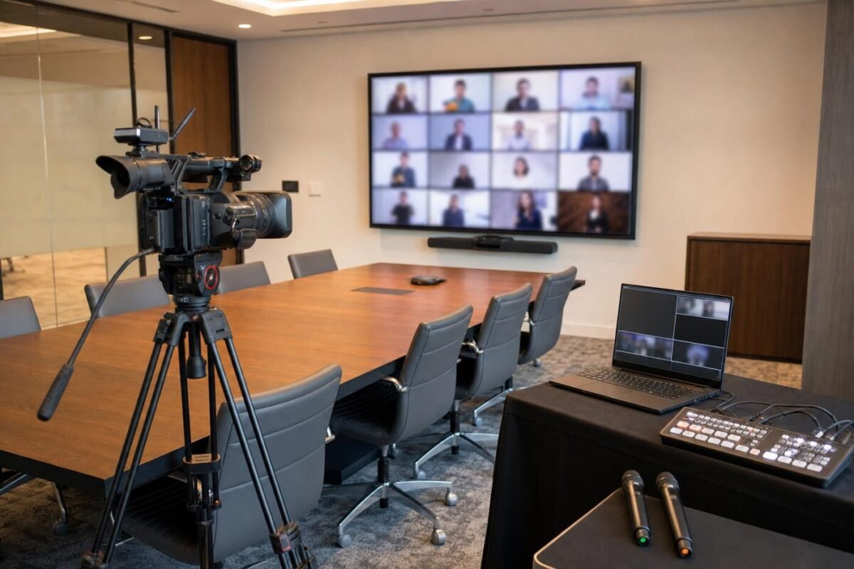Conference room with a video camera on a tripod, a video switcher and a display for remote attendees