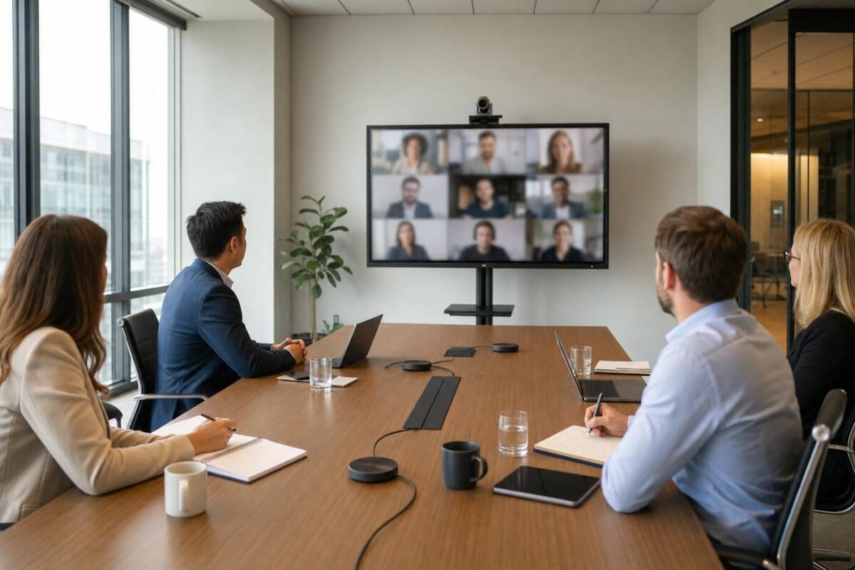 Boardroom with conference table microphones, a TV on a rolling stand and a video conferencing camera