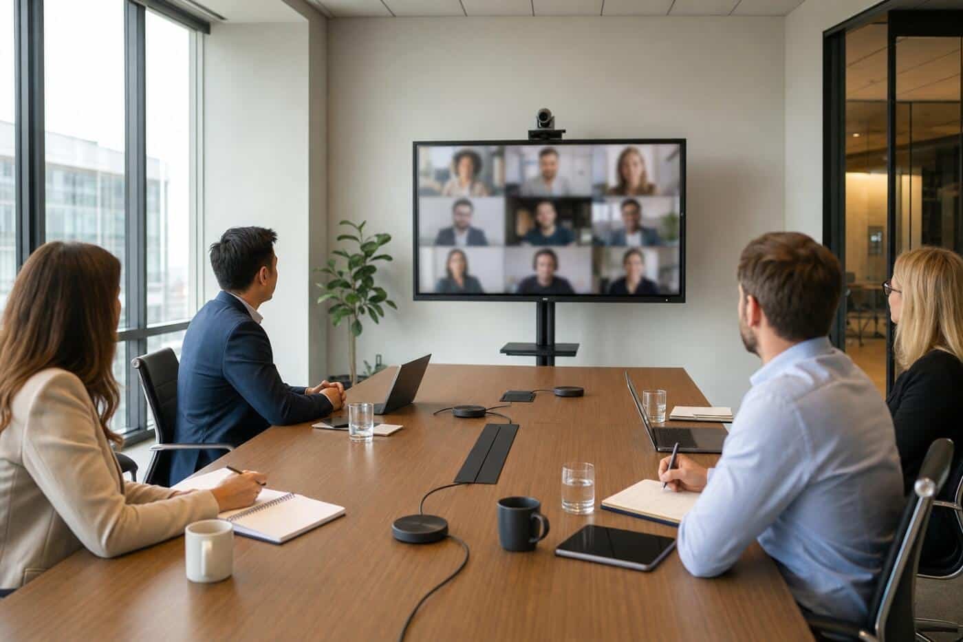 Boardroom with conference table microphones, a TV on a rolling stand and a video conferencing camera