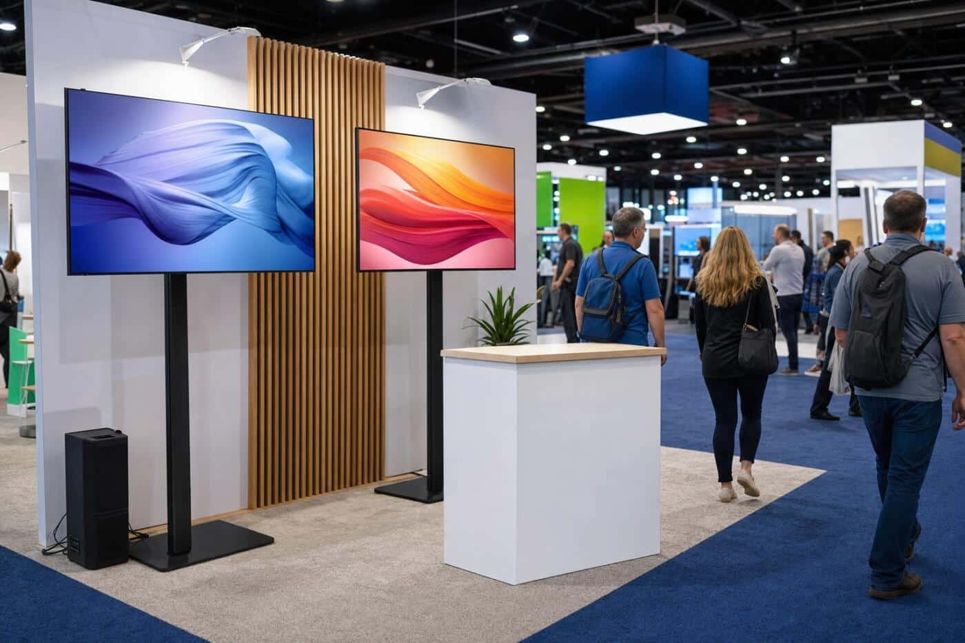 Trade show booth with two large TVs on floor stands and a compact speaker