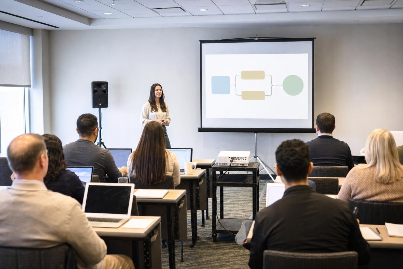 Training seminar room with a projector on a cart, a tripod screen and a compact speaker